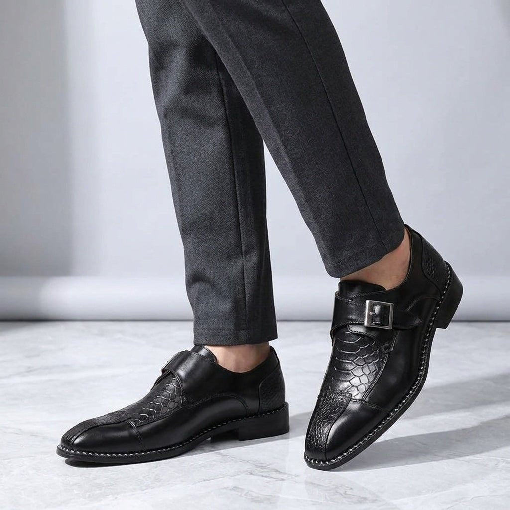 Langford Monk Strap Dress Shoes in Genuine Leather with Croc-Embossed Panels and Cushioned Insole - The Southern AtelierSKU_1791062677159_764