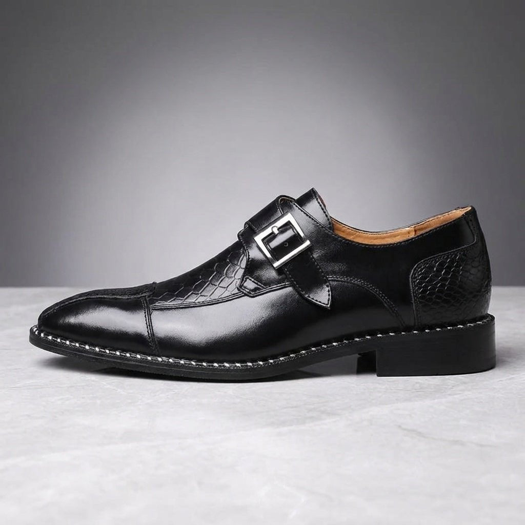 Langford Monk Strap Dress Shoes in Genuine Leather with Croc-Embossed Panels and Cushioned Insole - The Southern AtelierSKU_1791062677159_764