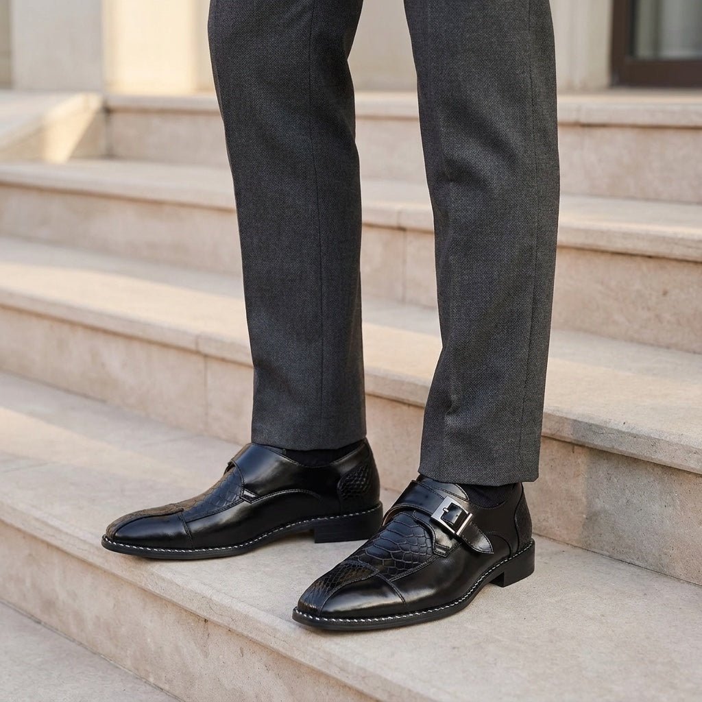 Langford Monk Strap Dress Shoes in Genuine Leather with Croc-Embossed Panels and Cushioned Insole - The Southern AtelierSKU_1791062677159_764