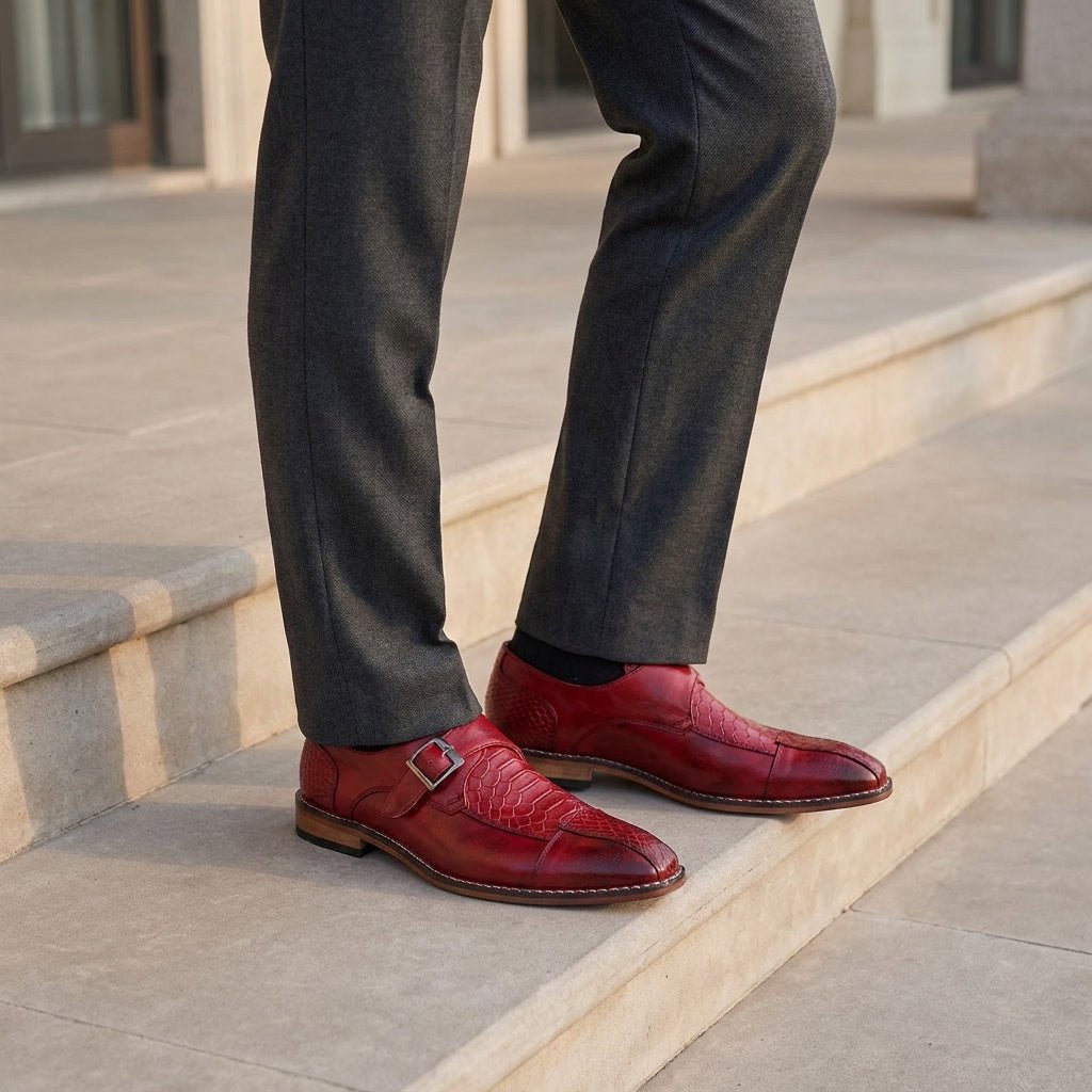 Langford Monk Strap Dress Shoes in Genuine Leather with Croc-Embossed Panels and Cushioned Insole - The Southern AtelierSKU_1791062677159_875