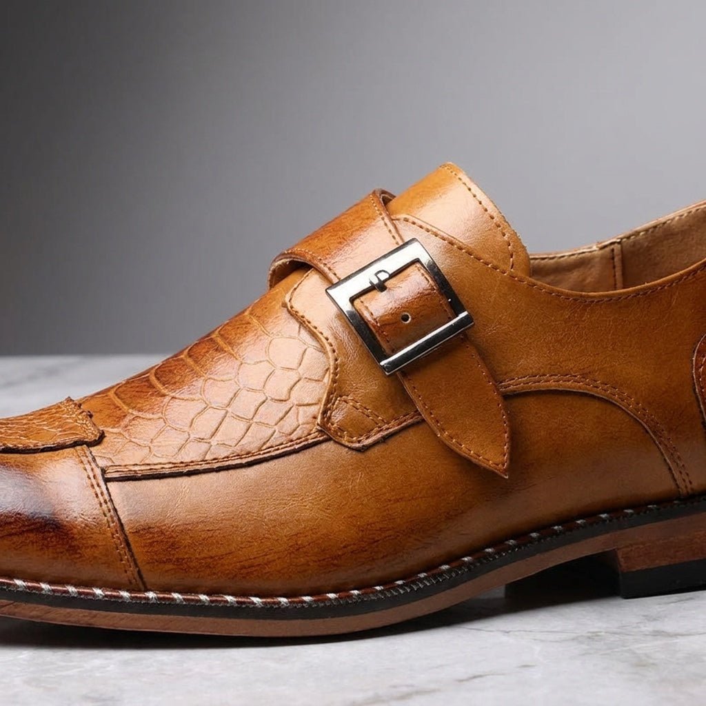 Langford Monk Strap Dress Shoes in Genuine Leather with Croc-Embossed Panels and Cushioned Insole - The Southern AtelierSKU_1791062677159_921