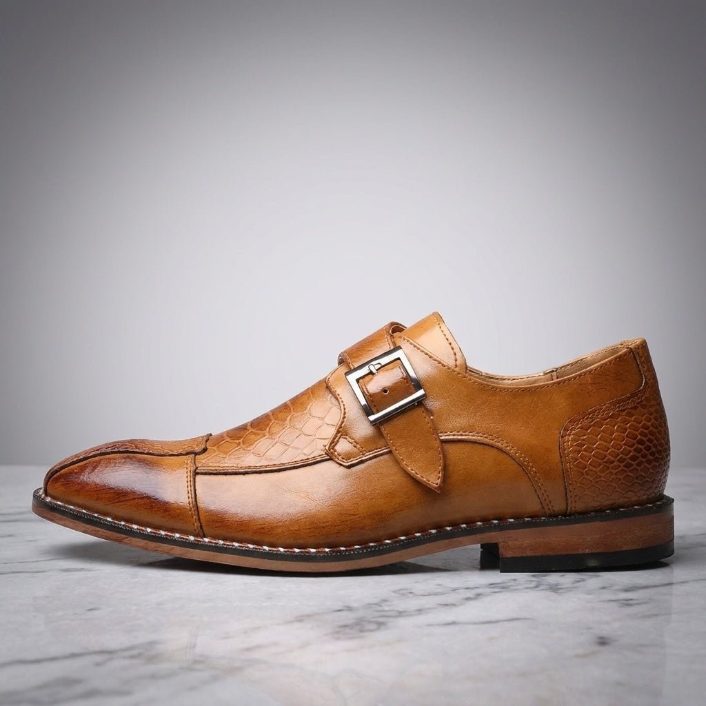 Langford Monk Strap Dress Shoes in Genuine Leather with Croc-Embossed Panels and Cushioned Insole - The Southern AtelierSKU_1791062677159_921