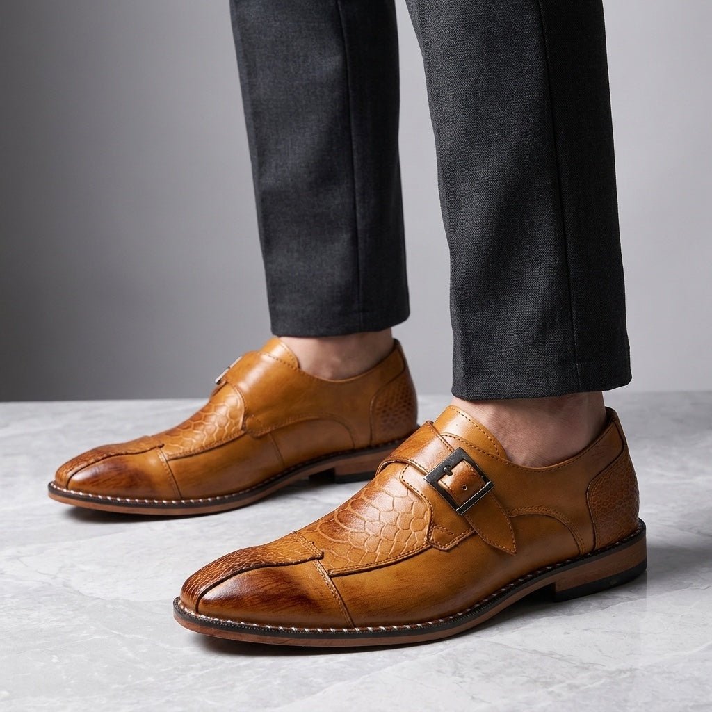 Langford Monk Strap Dress Shoes in Genuine Leather with Croc-Embossed Panels and Cushioned Insole - The Southern AtelierSKU_1791062677159_921