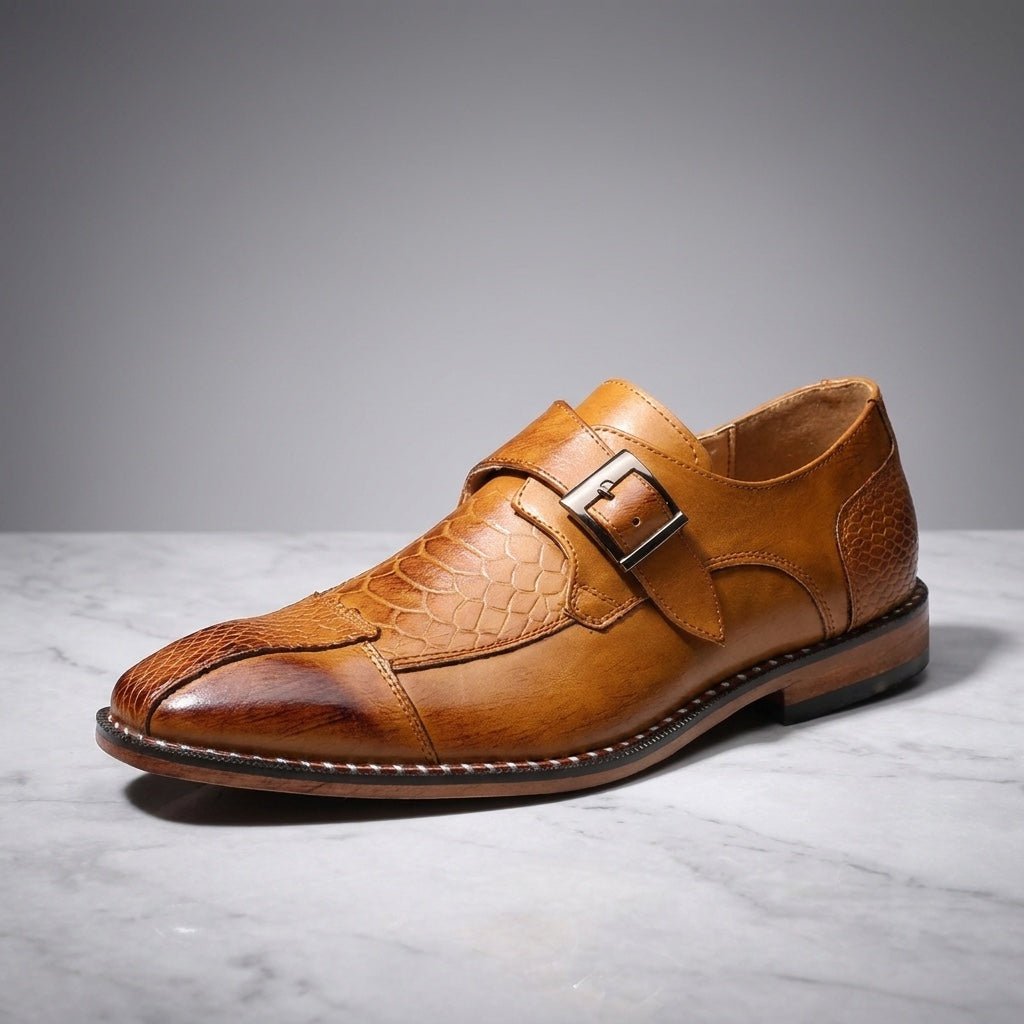 Langford Monk Strap Dress Shoes in Genuine Leather with Croc-Embossed Panels and Cushioned Insole - The Southern AtelierSKU_1791062677159_921