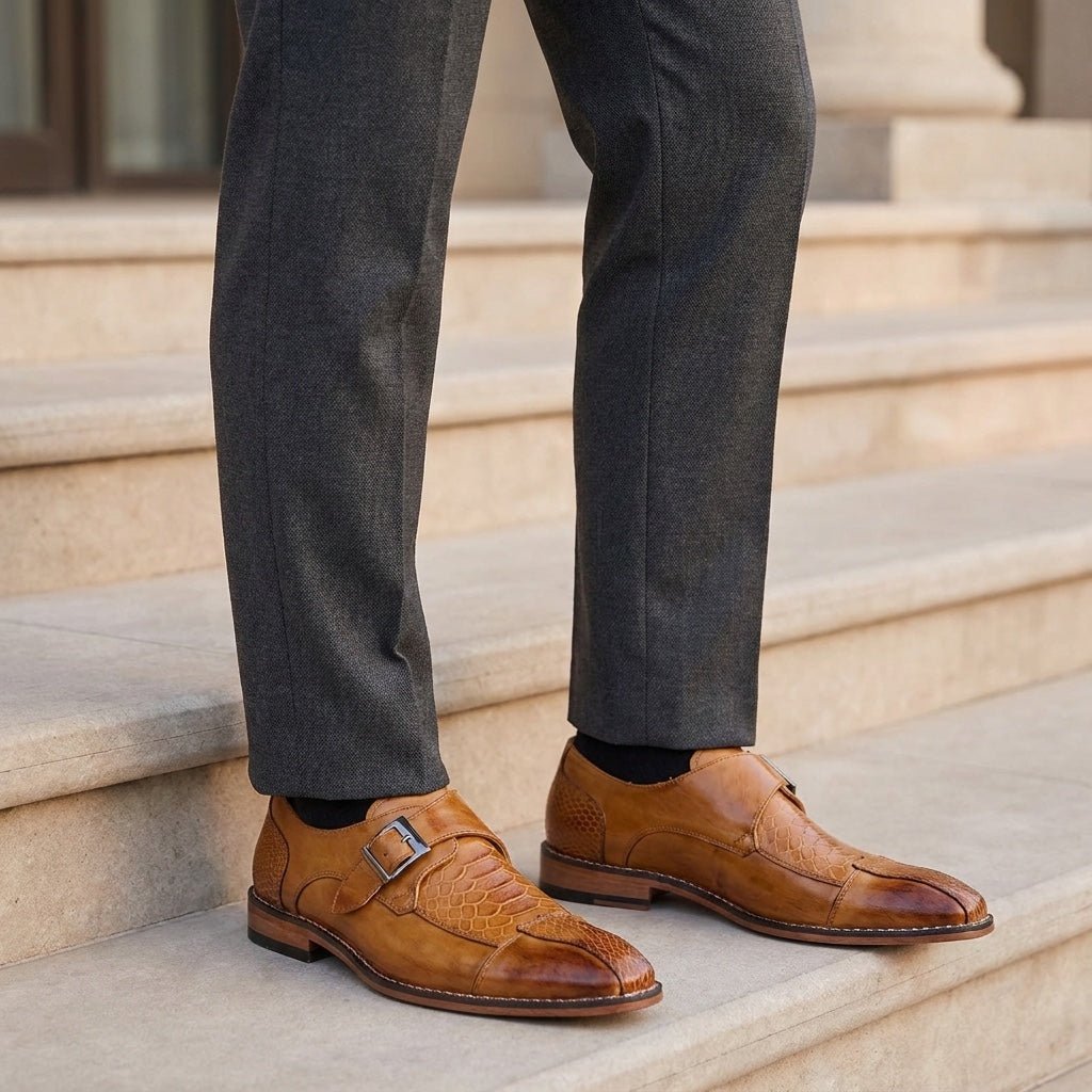Langford Monk Strap Dress Shoes in Genuine Leather with Croc-Embossed Panels and Cushioned Insole - The Southern AtelierSKU_1791062677159_921