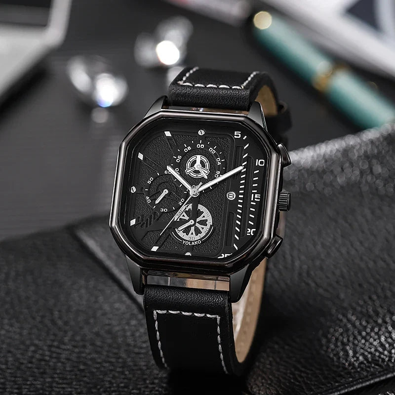 Larken Square Dial Leather Strap Watch with Polished Metal Case and Quartz for Precise Timekeeping - The Southern AtelierSKU_1791062596082_27