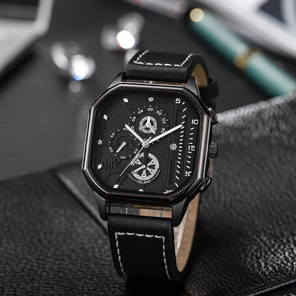 Larken Square Dial Leather Strap Watch with Polished Metal Case and Quartz for Precise Timekeeping - The Southern AtelierSKU_1791062596082_27