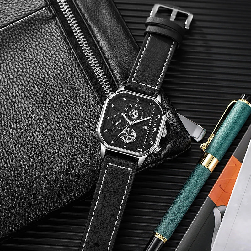 Larken Square Dial Leather Strap Watch with Polished Metal Case and Quartz for Precise Timekeeping - The Southern AtelierSKU_1791062596082_868