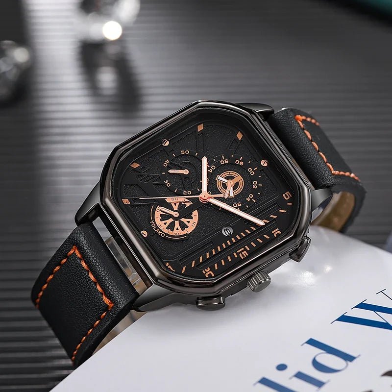 Larken Square Dial Leather Strap Watch with Polished Metal Case and Quartz for Precise Timekeeping - The Southern AtelierSKU_1791062596082_876