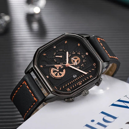 Larken Square Dial Leather Strap Watch with Polished Metal Case and Quartz for Precise Timekeeping - The Southern AtelierSKU_1791062596082_876