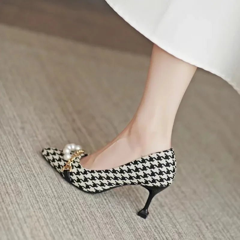 Liora Pointed-Toe Stilettos in Houndstooth with Pearl and Chain Accents and Non-Slip Sole - The Southern AtelierSKU_1791063766131_104