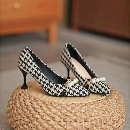 Liora Pointed-Toe Stilettos in Houndstooth with Pearl and Chain Accents and Non-Slip Sole - The Southern AtelierSKU_1791063766131_104