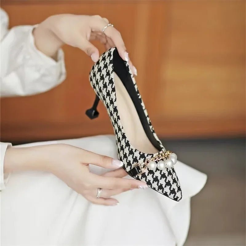 Liora Pointed-Toe Stilettos in Houndstooth with Pearl and Chain Accents and Non-Slip Sole - The Southern AtelierSKU_1791063766131_104