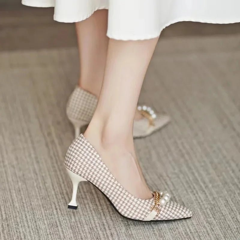 Liora Pointed-Toe Stilettos in Houndstooth with Pearl and Chain Accents and Non-Slip Sole - The Southern AtelierSKU_1791063766131_416