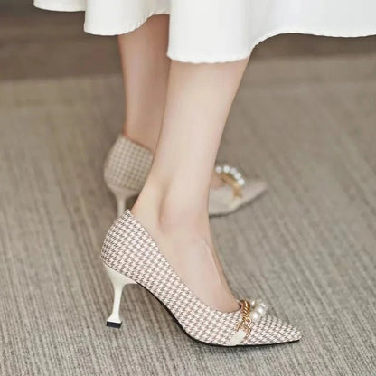 Liora Pointed-Toe Stilettos in Houndstooth with Pearl and Chain Accents and Non-Slip Sole - The Southern AtelierSKU_1791063766131_416