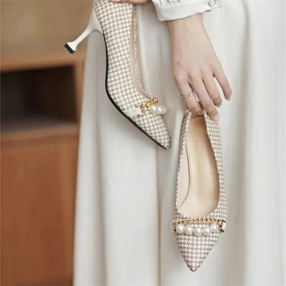 Liora Pointed-Toe Stilettos in Houndstooth with Pearl and Chain Accents and Non-Slip Sole - The Southern AtelierSKU_1791063766131_416