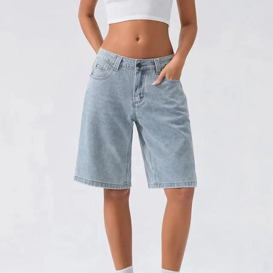 Riviera Low-Rise Relaxed Fit Long Denim Shorts in Vintage Wash for Comfortable Everyday Wear - The Southern AtelierSKU_1791062400280_681