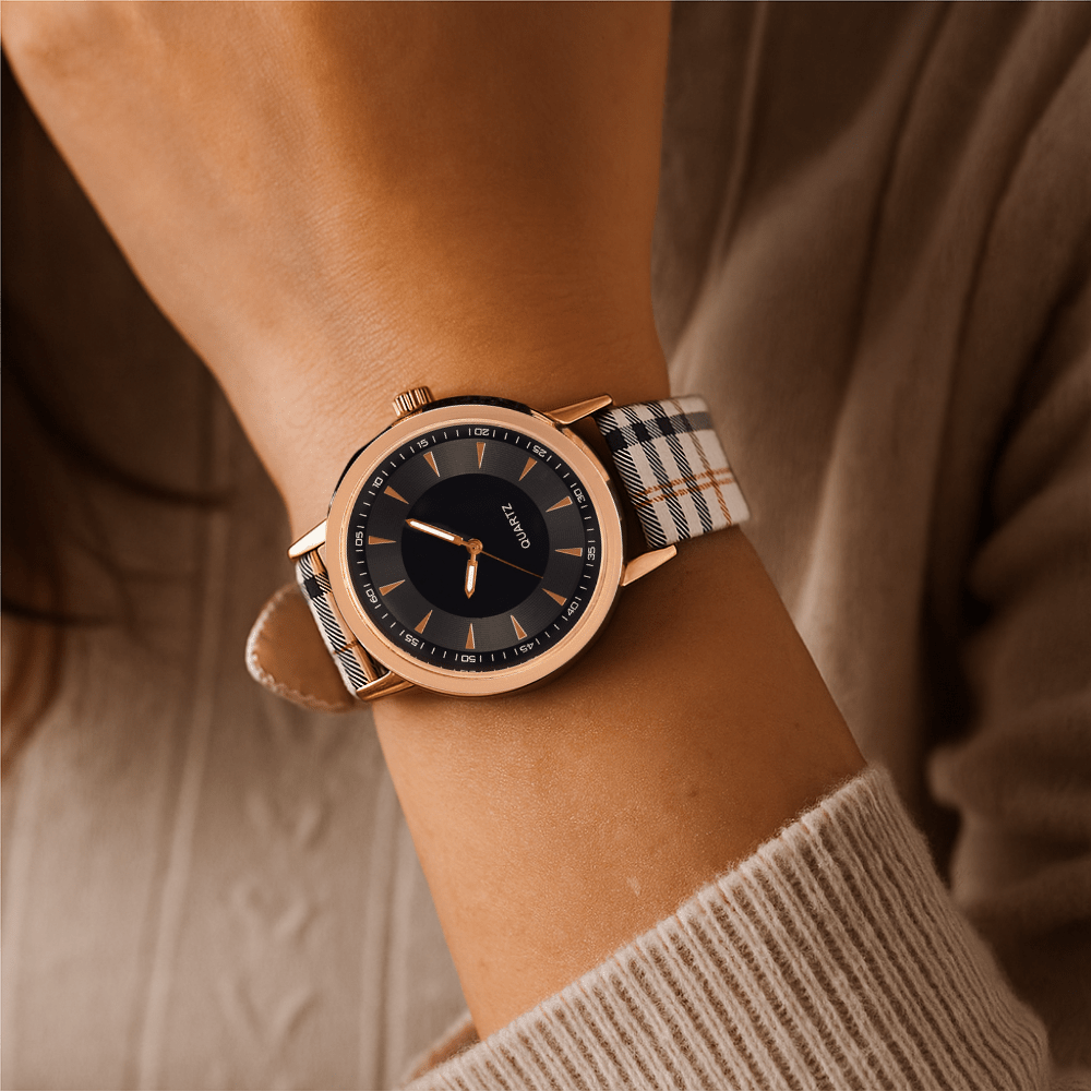 Rowan 40mm Quartz Watch with Plaid Leather Strap for Everyday Wear - The Southern AtelierSKU_1791062817877_5