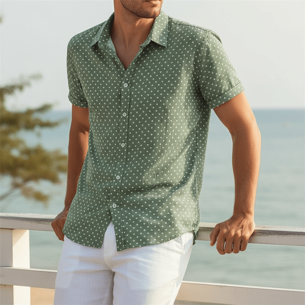 Rowan Polka Dot Short-Sleeve Button-Up Shirt in Lightweight Poly-Cotton for Warm-Weather Comfort - The Southern AtelierSKU_1791063379103_857