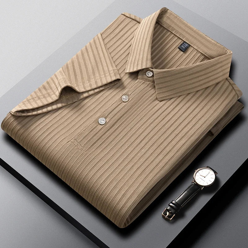 Rowan Polo Shirt in Lightweight Breathable Stretch Fabric with Subtle Textured Stripes and Tailored Fit - The Southern AtelierSKU_1791063674767_286