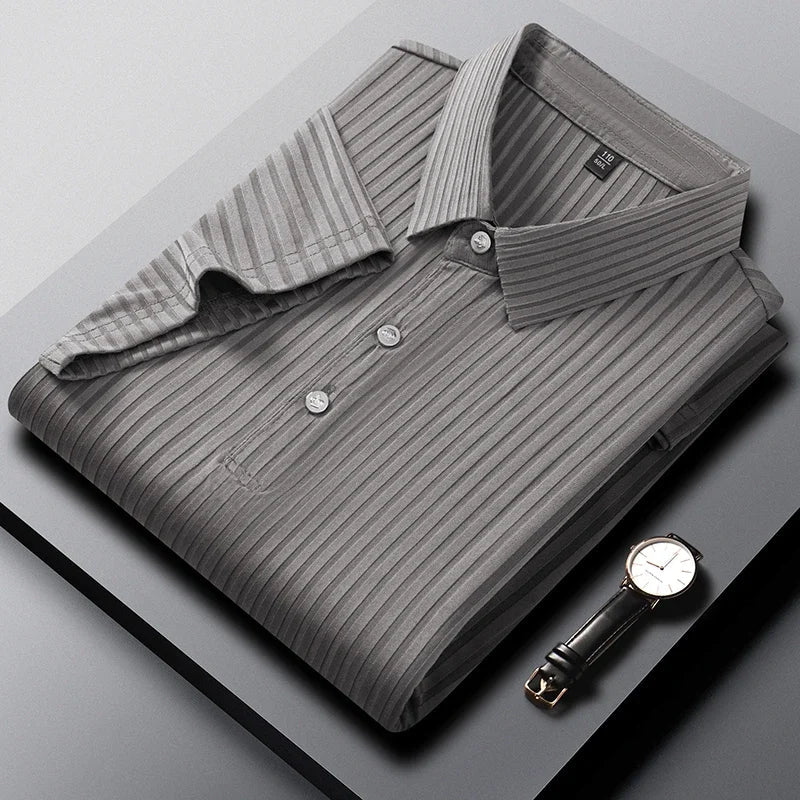 Rowan Polo Shirt in Lightweight Breathable Stretch Fabric with Subtle Textured Stripes and Tailored Fit - The Southern AtelierSKU_1791063674767_395