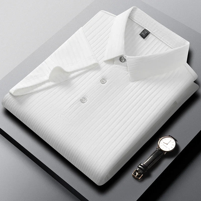 Rowan Polo Shirt in Lightweight Breathable Stretch Fabric with Subtle Textured Stripes and Tailored Fit - The Southern AtelierSKU_1791063674767_843