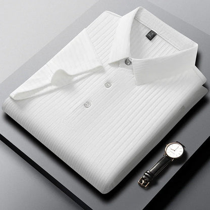Rowan Polo Shirt in Lightweight Breathable Stretch Fabric with Subtle Textured Stripes and Tailored Fit - The Southern AtelierSKU_1791063674767_843