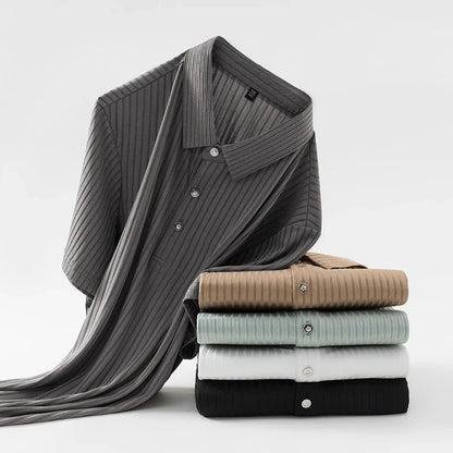 Rowan Polo Shirt in Lightweight Breathable Stretch Fabric with Subtle Textured Stripes and Tailored Fit - The Southern AtelierSKU_1791063674767_843