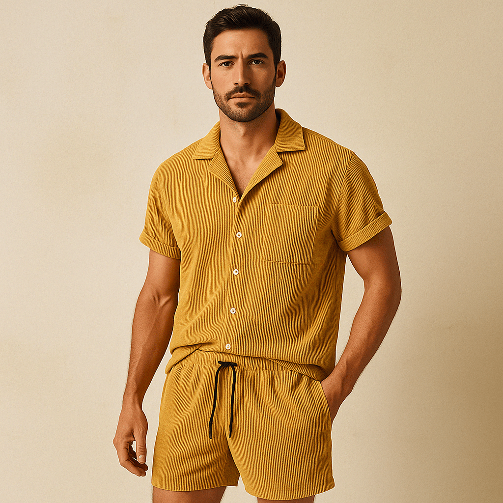 Rowan Shirt and Drawstring Shorts Set in Lightweight Corduroy with Relaxed Fit for Warm Weather - The Southern AtelierSKU_1791063382379_573