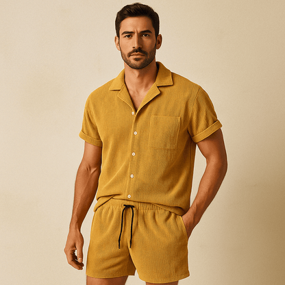 Rowan Shirt and Drawstring Shorts Set in Lightweight Corduroy with Relaxed Fit for Warm Weather - The Southern AtelierSKU_1791063382379_573