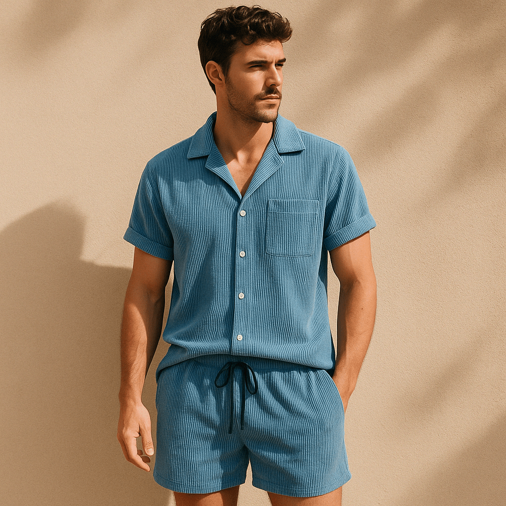 Rowan Shirt and Drawstring Shorts Set in Lightweight Corduroy with Relaxed Fit for Warm Weather - The Southern AtelierSKU_1791063382379_641