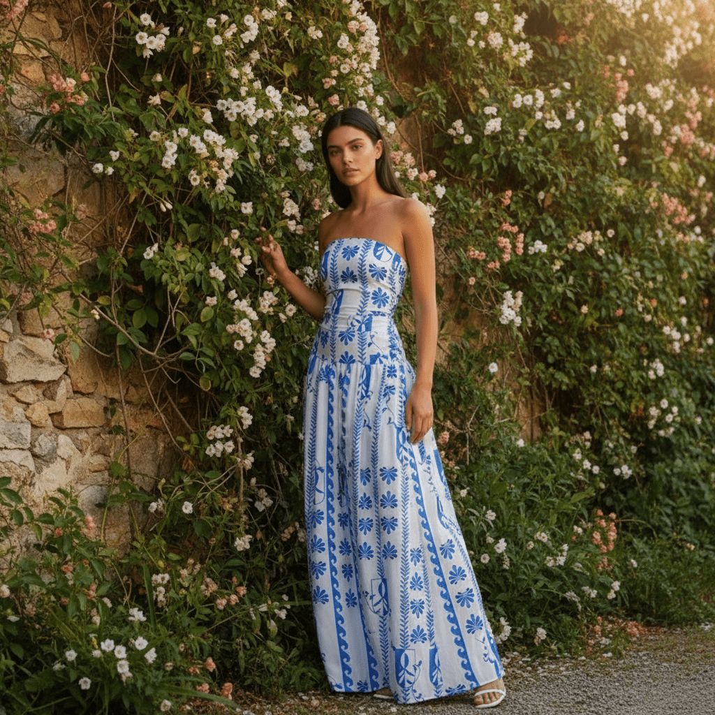 Selene Strapless Maxi Dress in Lightweight Breathable Polyester with Non-Slip Bodice and Ruched Detail for Warm Weather - The Southern AtelierSKU_1791062678156_549