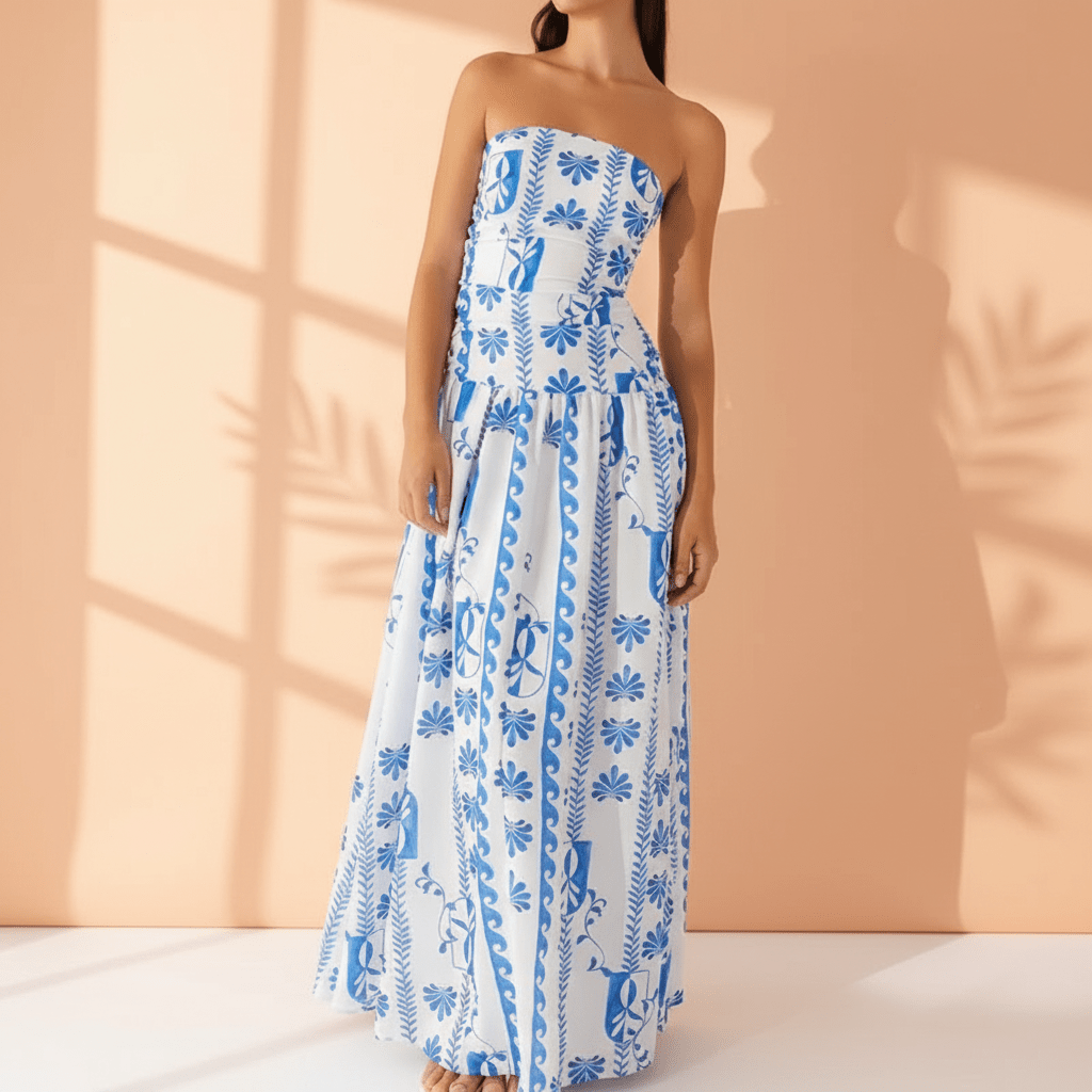 Selene Strapless Maxi Dress in Lightweight Breathable Polyester with Non-Slip Bodice and Ruched Detail for Warm Weather - The Southern AtelierSKU_1791062678156_549