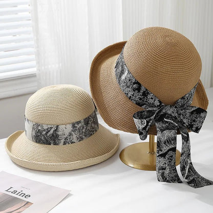 Solana Wide Brim Sun Hat with Printed Bow for Face and Neck Shade, Lightweight and Breathable - The Southern AtelierSKU_1791063525504_151