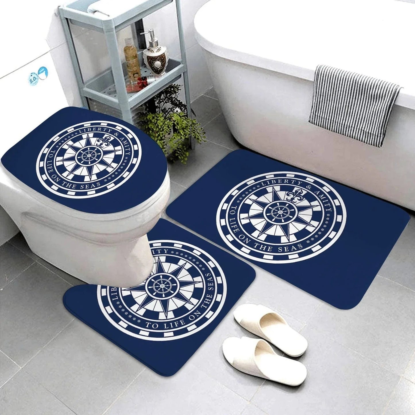 The Southern Atelier – Dark Blue Nautical Series 3-Piece Bathroom Mat Set | Coastal Comfort with Sculptural Elegance - The Southern AtelierSKU_1775909486451_179
