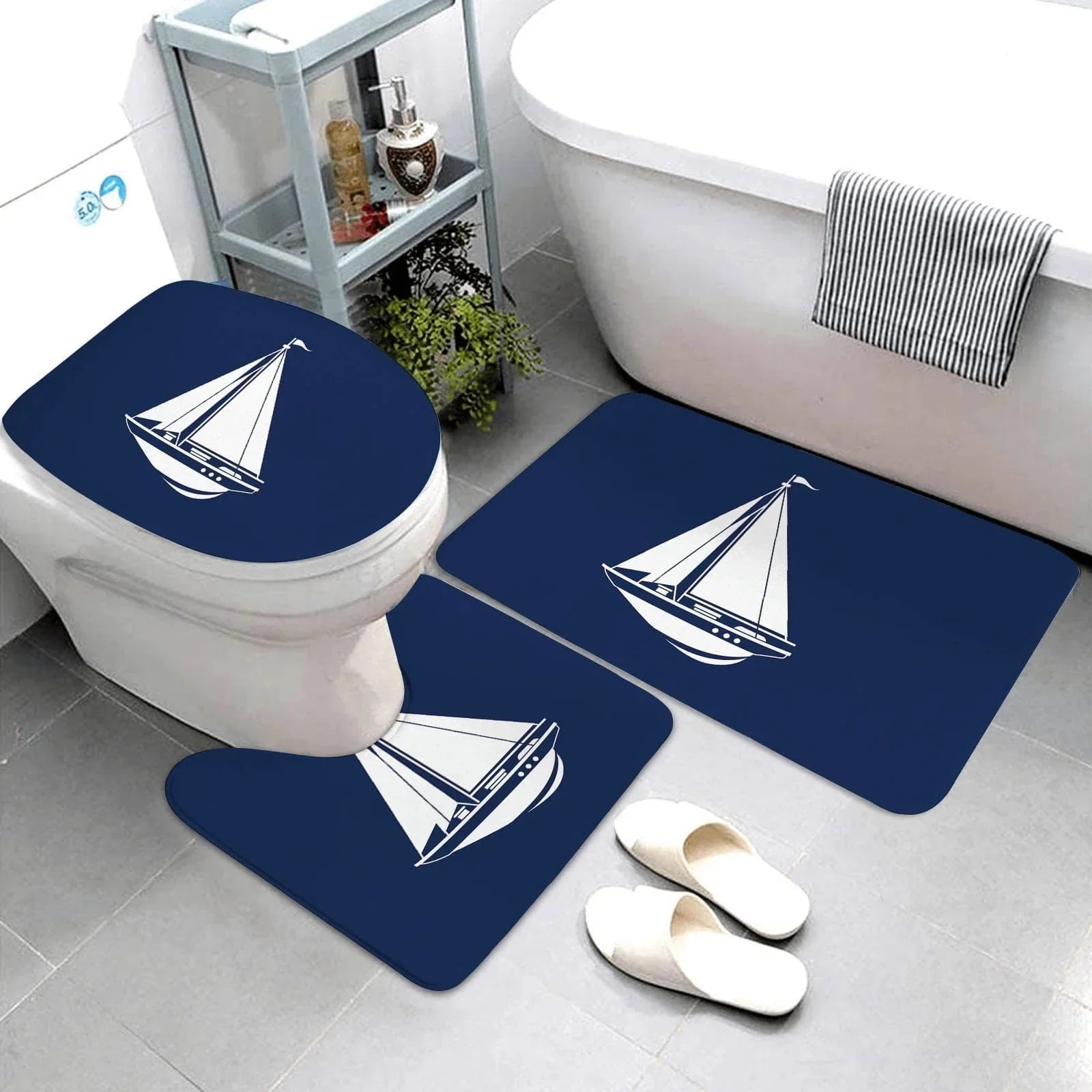 The Southern Atelier – Dark Blue Nautical Series 3-Piece Bathroom Mat Set | Coastal Comfort with Sculptural Elegance - The Southern AtelierSKU_1775909486451_2