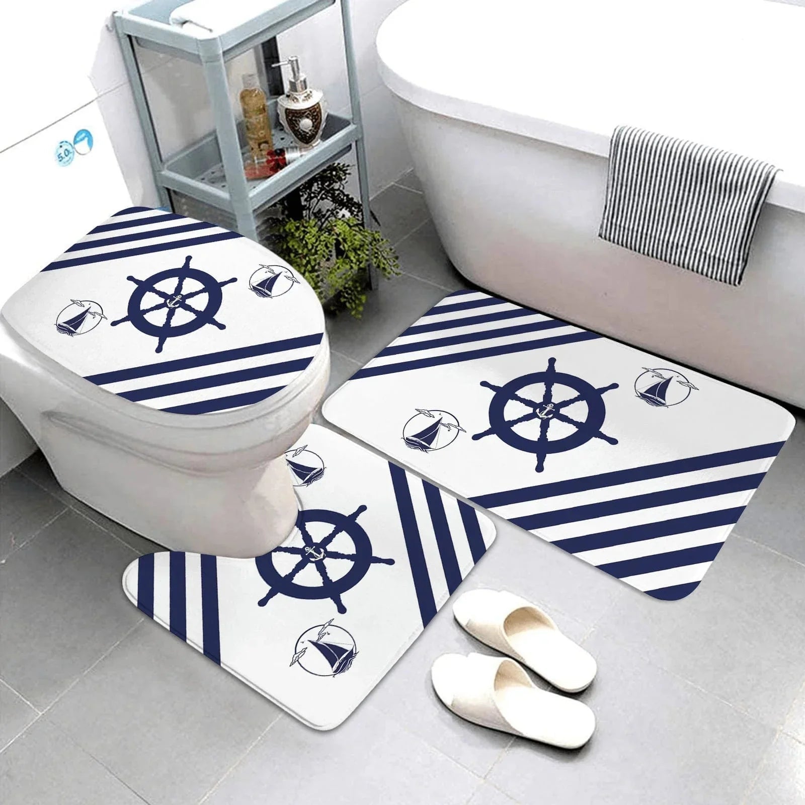The Southern Atelier – Dark Blue Nautical Series 3-Piece Bathroom Mat Set | Coastal Comfort with Sculptural Elegance - The Southern AtelierSKU_1775909486451_247