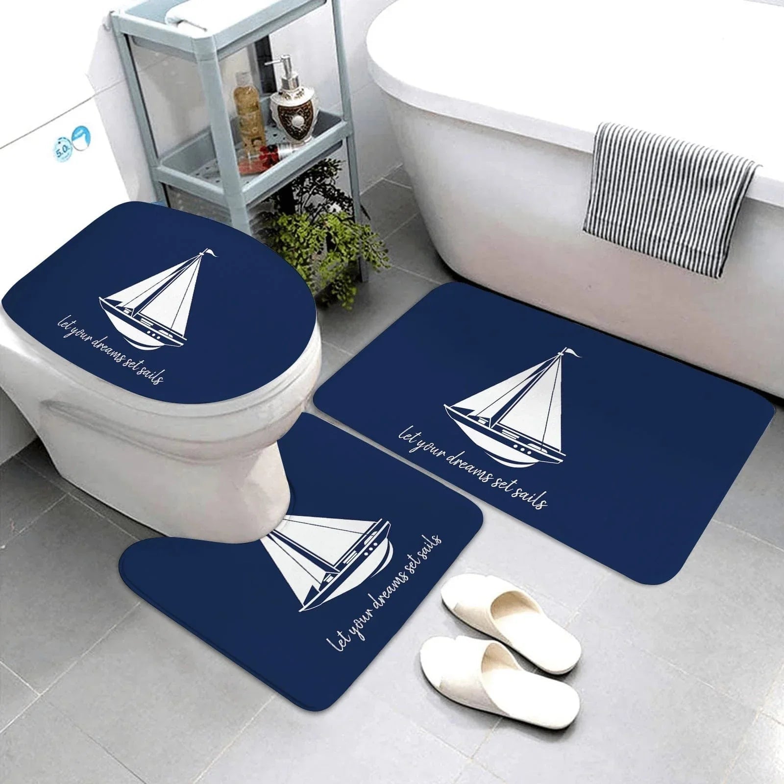 The Southern Atelier – Dark Blue Nautical Series 3-Piece Bathroom Mat Set | Coastal Comfort with Sculptural Elegance - The Southern AtelierSKU_1775909486451_725