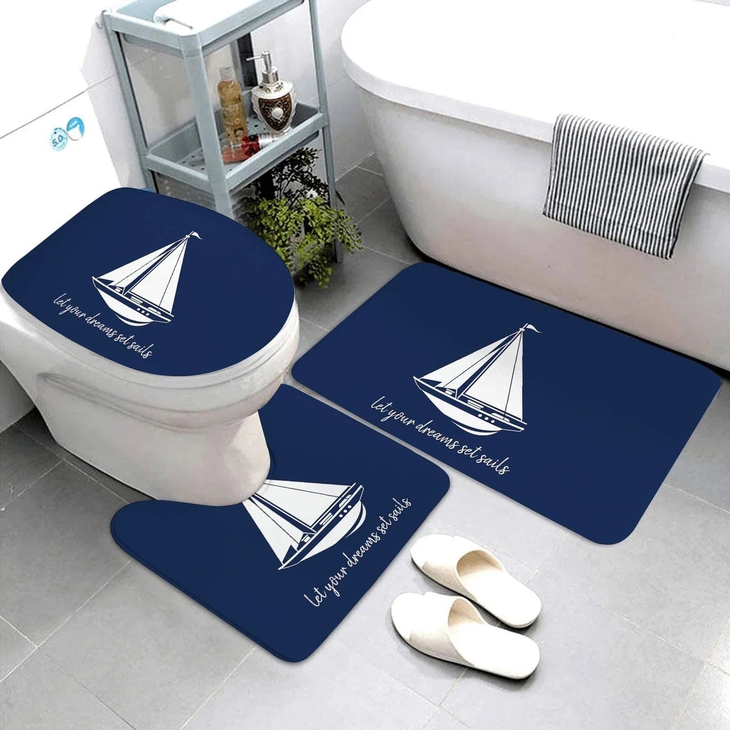 The Southern Atelier – Dark Blue Nautical Series 3-Piece Bathroom Mat Set | Coastal Comfort with Sculptural Elegance - The Southern AtelierSKU_1775909486451_840