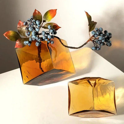 The Southern Atelier – Elegant Amber Glass Cube Vase for Chic Living Spaces, with Timeless Charm - The Southern AtelierSKU_1765807383465_258