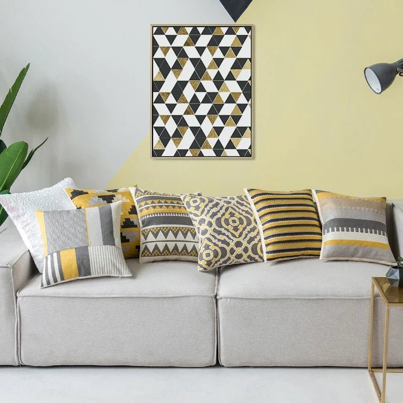 The Southern Atelier – Elegant Geometric Cotton Cushion Cover in Yellow and Grey Motif for a Warm Ambiance - The Southern AtelierSKU_1767876326351_641