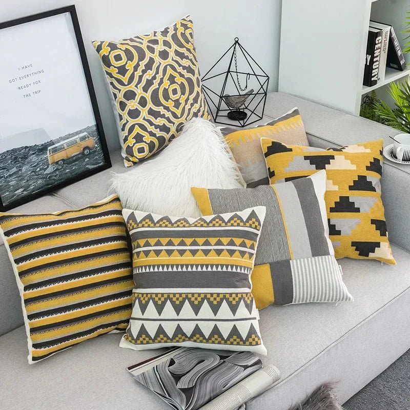 The Southern Atelier – Elegant Geometric Cotton Cushion Cover in Yellow and Grey Motif for a Warm Ambiance - The Southern AtelierSKU_1767876326351_641