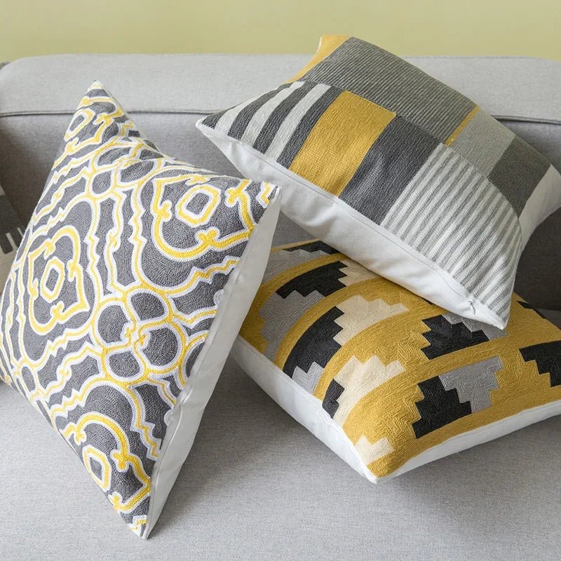 The Southern Atelier – Elegant Geometric Cotton Cushion Cover in Yellow and Grey Motif for a Warm Ambiance - The Southern AtelierSKU_1767876326351_641
