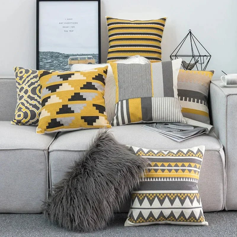 The Southern Atelier – Elegant Geometric Cotton Cushion Cover in Yellow and Grey Motif for a Warm Ambiance - The Southern AtelierSKU_1767876326351_641