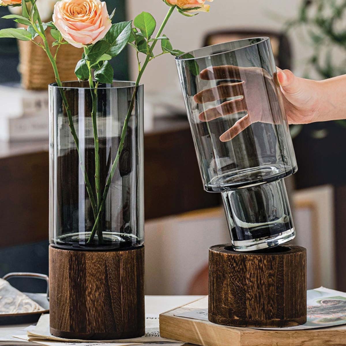 The Southern Atelier – Elegant Glass and Wood Cylinder Flower Vase for a Stylish Modern Interiors - The Southern AtelierSKU_1765807263379_222