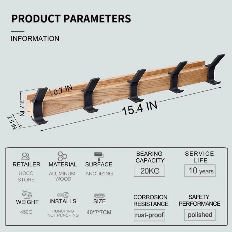 The Southern Atelier - Nordic Wall Coat Rack with 5 Movable Double Hooks in Wood and Aluminium, Black, 40 x 7 x 7 cm - The Southern AtelierSKU_1786565991665_679