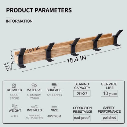 The Southern Atelier - Nordic Wall Coat Rack with 5 Movable Double Hooks in Wood and Aluminium, Black, 40 x 7 x 7 cm - The Southern AtelierSKU_1786565991665_679