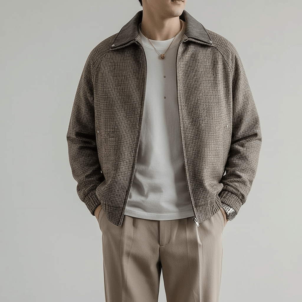 Weston Full-Zip Jacket in Lightweight Cotton Blend with Tailored Fit and Micro-Check Pattern - The Southern AtelierSKU_1791063427691_172