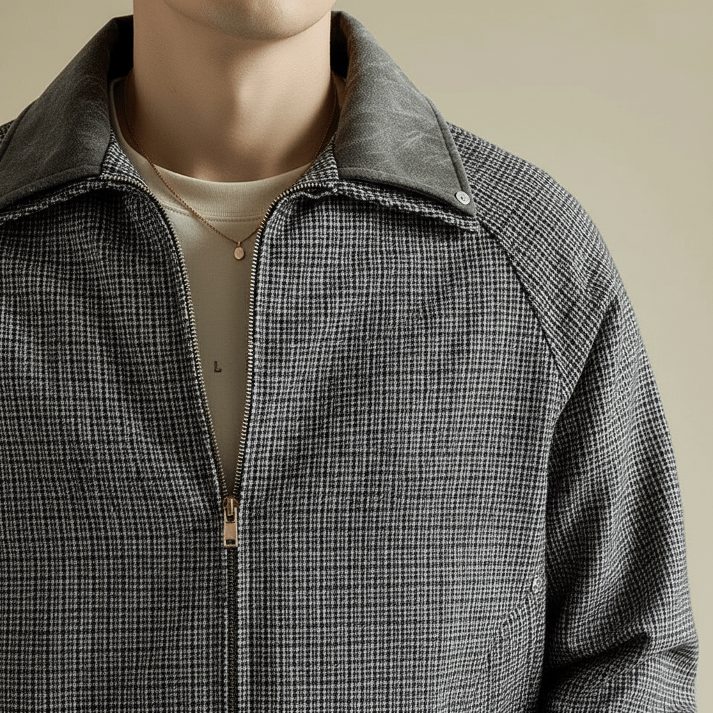 Weston Full-Zip Jacket in Lightweight Cotton Blend with Tailored Fit and Micro-Check Pattern - The Southern AtelierSKU_1791063427691_392