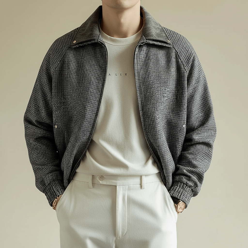 Weston Full-Zip Jacket in Lightweight Cotton Blend with Tailored Fit and Micro-Check Pattern - The Southern AtelierSKU_1791063427691_392